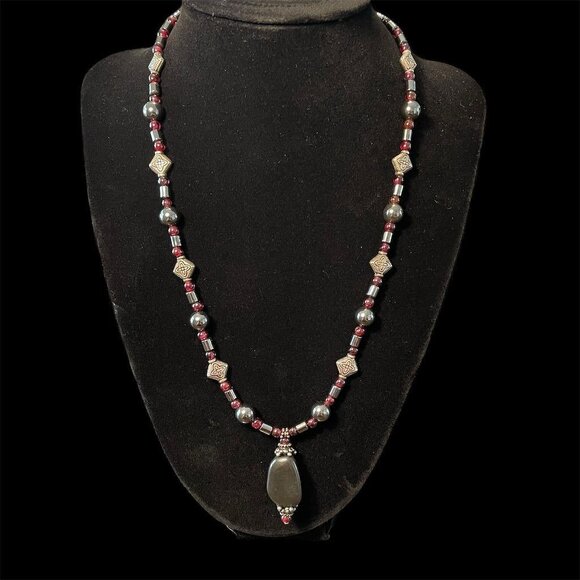 Boho Hematite Beaded Necklace Red Glass Pendant Vintage Artisan Festival Jewelry - Picture 4 of 5